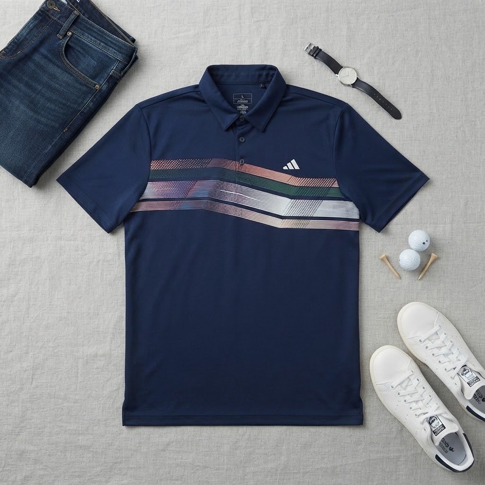 Adidas Golf Mens Navy Blue Graphic Stripe Performance Polo Shirt Large